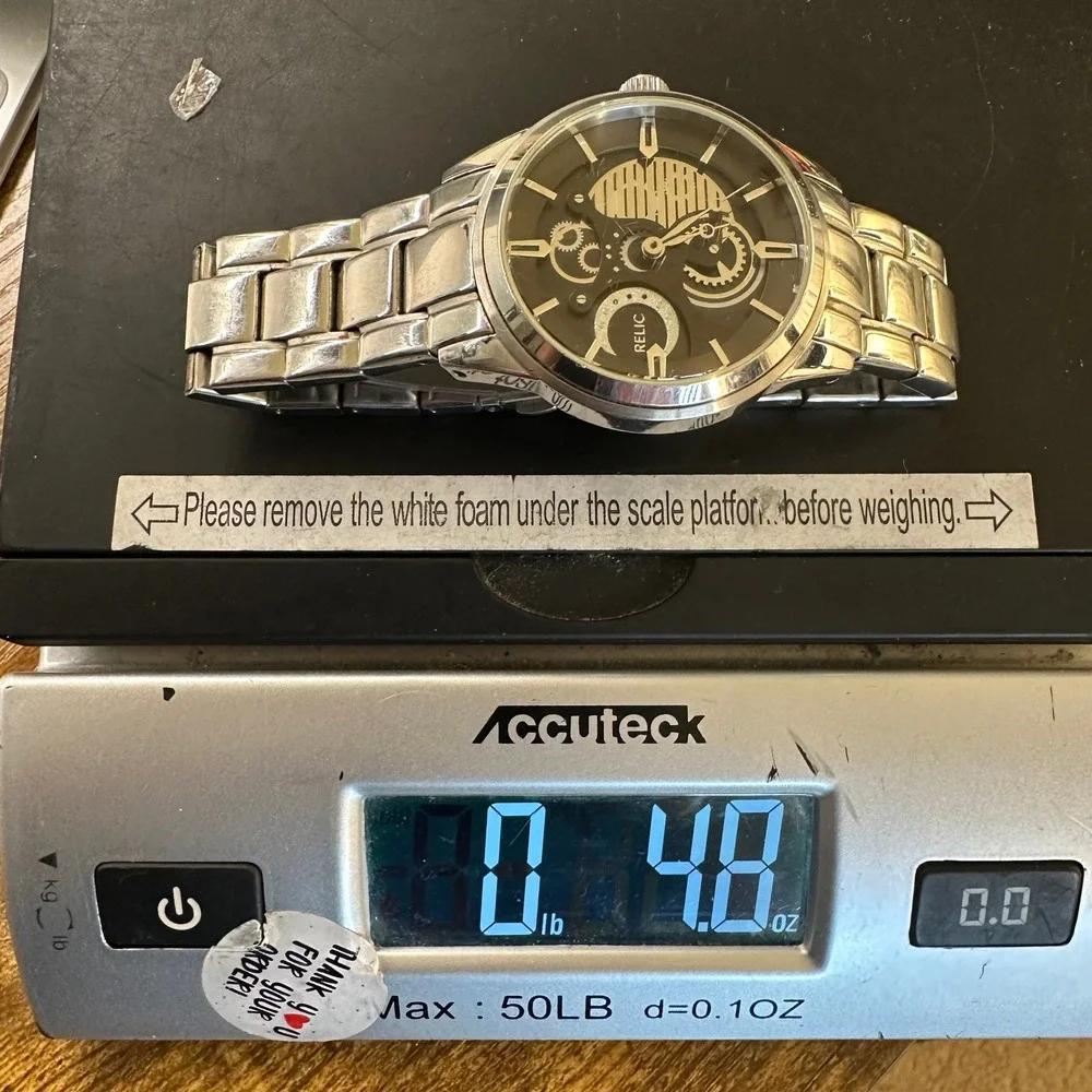 Relic by Fossil Mens Watch ZR77121 Stainless Steel Skeleton Dial Silver Black
